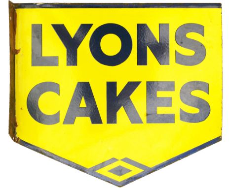 Advertising enamel sign LYONS CAKES, double sided with wall mounting flange. Both sides in very good condition. Measures 15.5