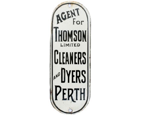 Advertising enamel sign FINGERPLATE AGENT FOR THOMSON LIMITED CLEANERS AND DYERS PERTH. Measures 7in x 2.5in and is in very g