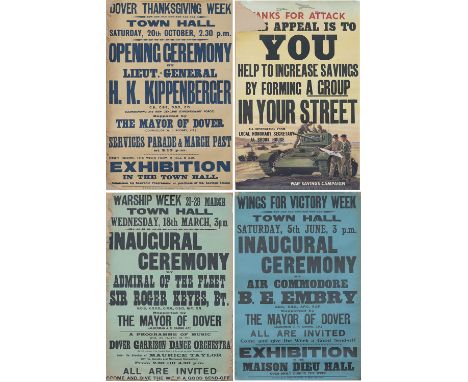 Posters WW2 x4; WINGS FOR VICTORY WEEK MAISON DIEU HALL DOVER, DOVER THANKSGIVING WEEK, WARSHIP WEEK and a WAR SAVINGS poster