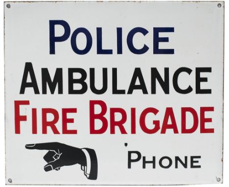 Motoring road enamel sign POLICE AMBULANCE FIRE BRIGADE PHONE with pointing finger. An early enamel in excellent condition me