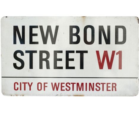 Motoring enamel road sign NEW BOND STREET W1 CITY OF WESTMINSTER. Measures 30in x 17in and is in very good condition.
