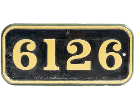 GWR cast iron cabside numberplate 6126 ex Collett 2-6-2 T built at Swindon in 1931. Allocated to 81D Reading, 81B Slough, 85B