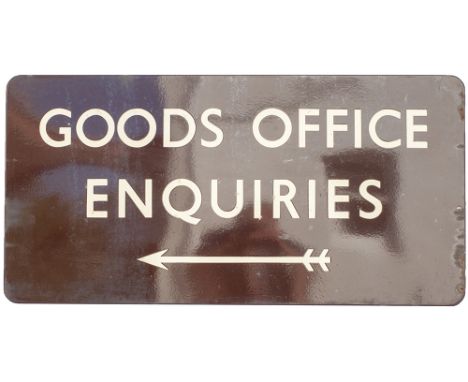 BR(W) FF enamel sign GOODS OFFICE ENQUIRIES with left facing arrow ex Tyseley. In very good condition complete with original 