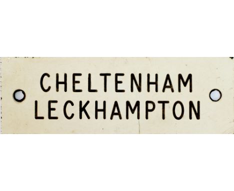 BR-W machine engraved traffolite shelf plate CHELTENHAM LECKHAMPTON. Measures 4.5in x 1.5in and is in good condition. Not muc
