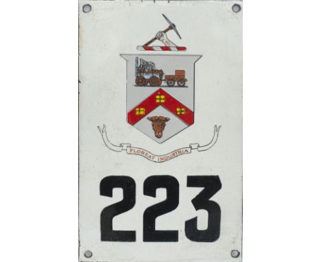 Darlington Tram/ Bus Corporation enamel numberplate 223 with full Coat Of Arms depicting Locomotion 1. Measures 8in x 5in and