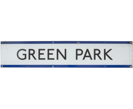 London Underground enamel frieze sign GREEN PARK measuring 48in x 9.5in. In good condition with a few minor chips.