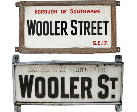 China glass London street sign BOROUGH OF SOUTHWARK WOOLER ST complete with original steel frame which requires a repair to t