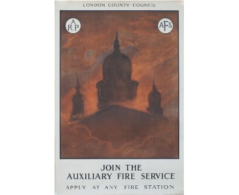 Poster WW2 LONDON COUNTY COUNCIL ARP AFS JOIN THE AUXILLARY FIRE SERVICE by Hassall. Double Crown 20in x 30in. In very good c