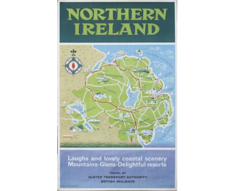 Poster BR/UTA NORTHERN IRELAND LOUGHS AND LOVELY COASTAL SCENERY. Double Royal 25in x 40in. In good condition with minor edge