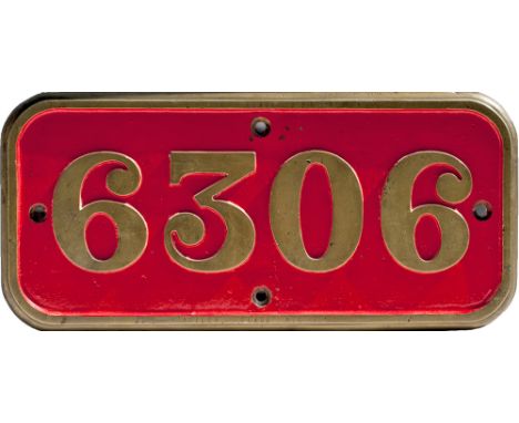 GWR brass cabside numberplate 6306 ex Churchward 2-6-0 built at Swindon in 1920. Allocated to Kidderminster, Worcester, 82B S