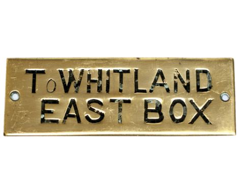 GWR hand engraved brass shelf plate TO WHITLAND EAST BOX. In very good condition measures 4.75in x 1.5in.