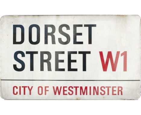 Motoring enamel road sign DORSET STREET W1 CITY OF WESTMINSTER. Measures 29in x 17in and is in very good condition.