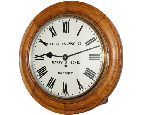 Barry Railway 12 inch Oak cased English fusee railway clock with a spun brass bezel supplied to the Barry Railway circa 1870 