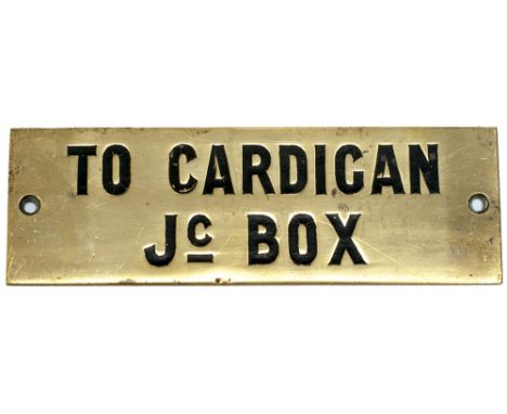GWR hand engraved brass shelf plate TO CARDIGAN Jc BOX. In very good condition measures 4.75in x 1.5in.