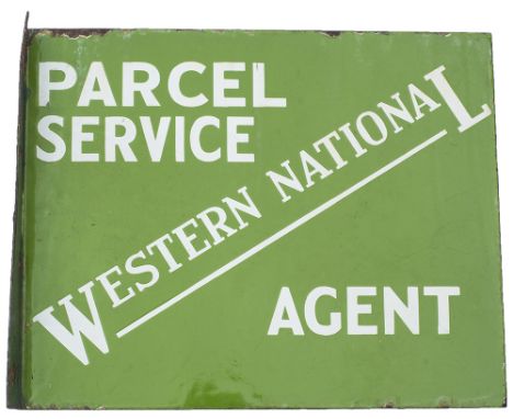 Motoring bus enamel WESTERN NATIONAL PARCEL SERVICE AGENT. Double sided with wall mounting flange. Both sides in very good co