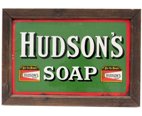 Advertising enamel sign HUDSON'S SOAP measuring 18in x 12in. In very good condition with minor edge chipping and mounted in a