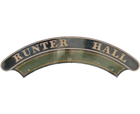 Nameplate RUNTER HALL. Ex BR-W / GWR Hawksworth modified Hall 4-6-0 locomotive built Swindon in May 1950 numbered 7919. Alloc