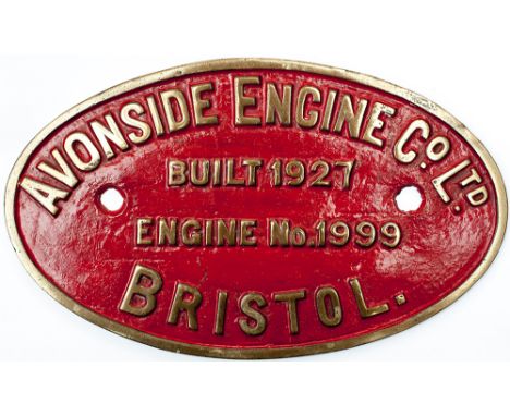 Worksplate AVONSIDE ENGINE CO LTD BUILT 1927 ENGINE No1999 BRISTOL ex SS 0-4-0 ST supplied under order number 7100 new to Sta