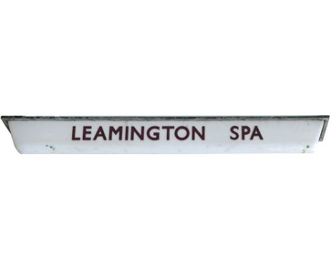 BR station fluorescent light cover LEAMINGTON SPA. Maroon letters on opaque perspex, complete with aluminium housing. Measure