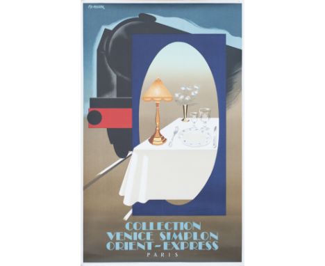 Poster VSOE VENICE SIMPLON ORIENT EXPRESS PARIS by Fix Masseau 1982. A wonderful, art-deco image of the train superimposed on