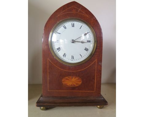 A 19th century mahogany and inlaid case small mantel clock Roman numerals to white dial with Arabic 60,15,30,45 to 12,3,6 & 9