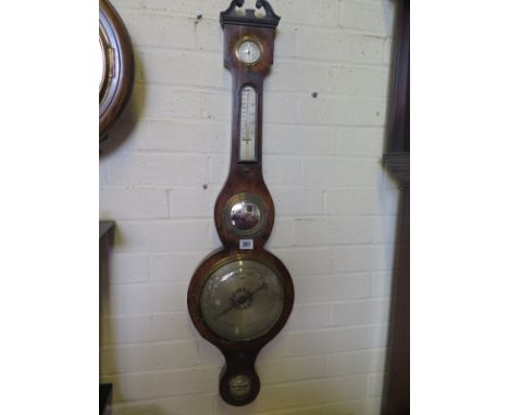 A Victorian walnut banjo barometer with unsigned metallic dial thermometer and hydrometer - height 95cm