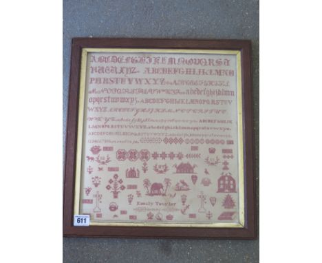 A good late Victorian alphabetical and pictorial sampler in red thread by Emily Towler dated 1896 - 36 cm x 32 cm 
Condition 