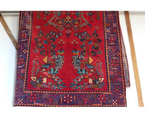 A vintage design handmade Malayer carpet with geometric flower design on red field - 206 cm x 195 cm 