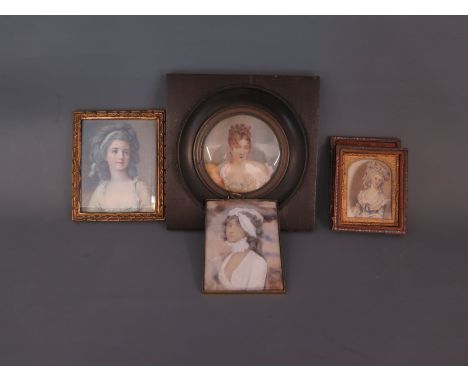 Two miniature portraits on ivory 7cm diameter and 8cm x 6cm - oblong miniature has a split to one side - and two small portra