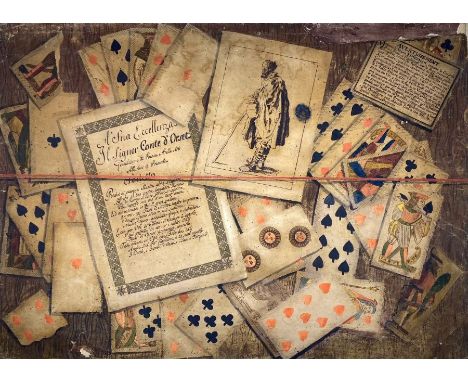 Trompe l'oeil. A curious late-18th/early-19th century watercolour depicting a bundle of playing cards &amp; papers beneath a 