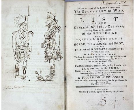 The Secretary at War, Army List, London: J. Millan, [1773], featuring charming manuscript illustrations to front &amp; rear b