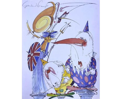 Gerald Scarfe (English, b. 1936). Margaret Thatcher, Edward Heath and Harold Wilson, colour print, signed in pencil u.l., 29.