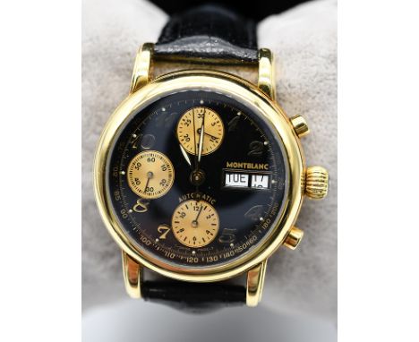 Herrenarmbanduhr-Chronometer, Montblanc, STAR Gold Collection, Ref.-No.16200, 20. Jh. 750/ Gelbgold und Lederarmband. Datejus