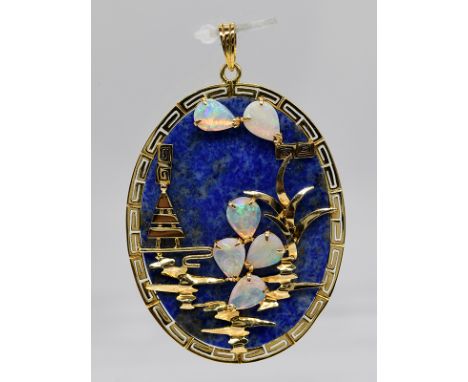 Anhänger mit Lapislazuli und Opal-Tropfen, 21. Jh.585/- Gelbgold. Gesamtgewicht ca. 13,9 g. Hochovaler Anhänger mit Lapislazu