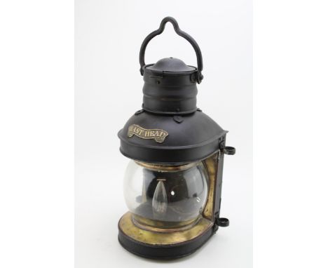 Antique 'Mast Head' ships lantern, brass and steel construction, original hand blown glass, with later electric conversion, 4