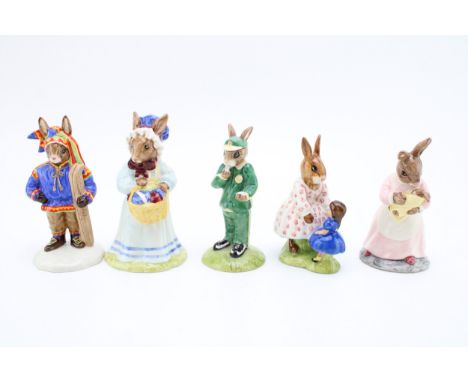 Royal Doulton Bunnykins to include Mrs Bunnykins, Dollie, Mother and Baby, Stopwatch and Winter Lapland (5).  In good conditi