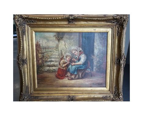 Vincent Rubens oil on canvas of two girls eating freshly picked berries, 40cm x 50cm, housed in gilt frame.&nbsp;
