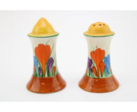 Bizarre by Clarice Cliff salt and pepper shakers in the Crocus pattern, 8cm tall.  In good original condition with some light