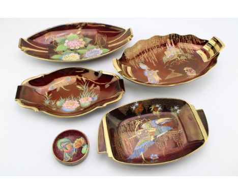 A collection of Carlton Ware rouge royale dishes to include Sketching bird, Sultan and slave, crested bird and waterlily, lac