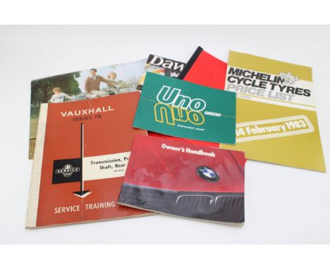 Car, motorcycle and bicycle sales brochures and handbooks to include BMW E30 Owners manual,  Fiat Uno Instrument Panel, Vauxh