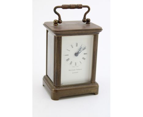 Matthew Norman miniature carriage clock, bevel edged glass, 8cm tall, signed to reverse.  Untested.