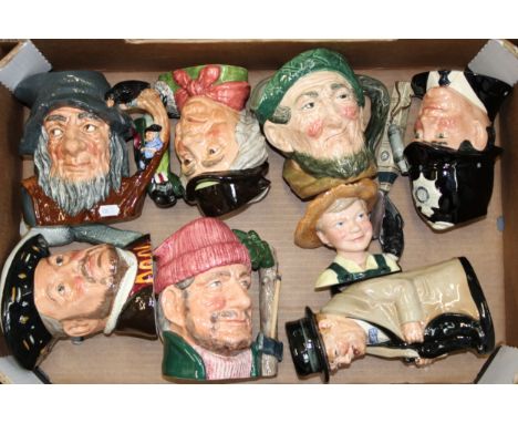 Royal Doulton character jugs to include Huckleberry Finn, Auld Mac,Winston Churchill and others (8).  In good condition with 