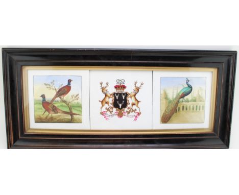 Duke of Devonshire: a framed set of three porcelain tiles, the central tile with the Devonshire coat of arms, flanked by a pe