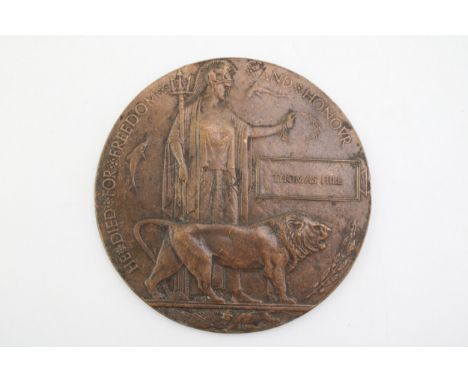WW1 death plaque penny for Thomas Hill  excellent original unpolished and untouched condition