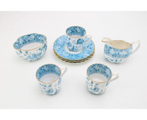 19th century Copelands China 4765 part coffee service, blue and white pattern with gilded rims, depicting butterflies, flora 