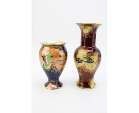 Carlton ware new Chinese bird and cloud vase on blue together with Swallows and clouds vase on red, height of tallest 21.5cm 