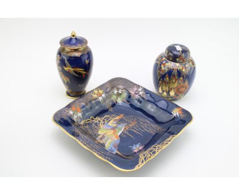 Carlton ware fantasia ginger jar, sketching bird square bowl, bird of paradise temple jar (3)  Lid restored on fantasia ginge