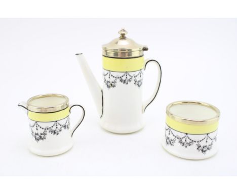 Crecent China George Jones trio comprising coffee pot, milk jug and sugar, 12.5cm tall, (3).  Of first quality with no obviou