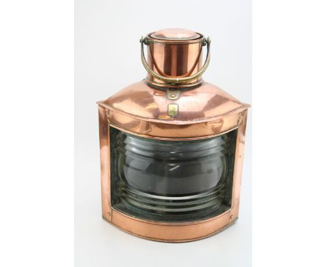 Antique ships lantern, copper and brass construction, original ribbed glass, with later electric conversion, 40cm tall.