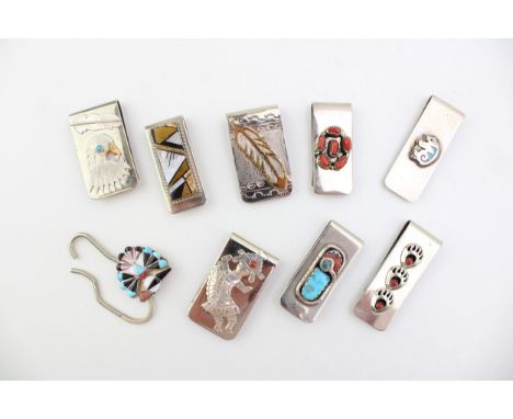 A collection of silver plated money clips of varying designs, some stone set with a clip (9).